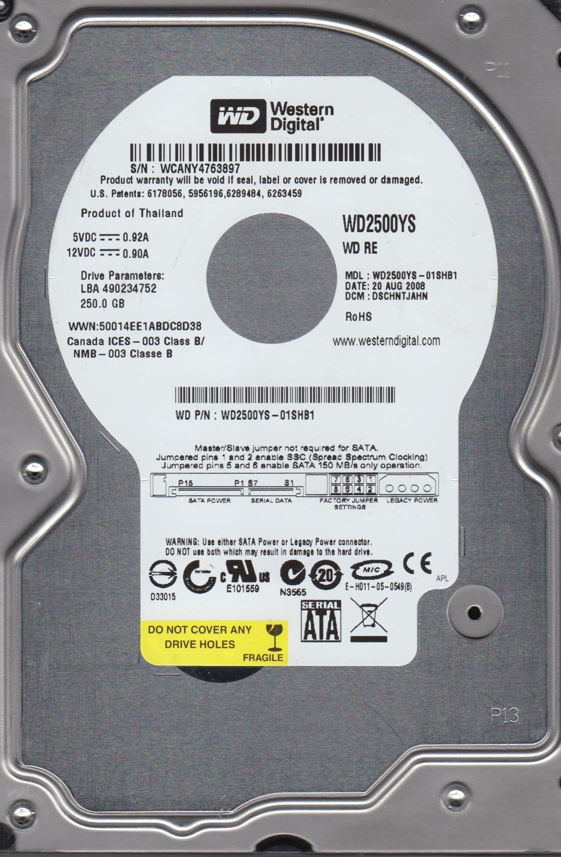WD2500YS-01SHB1, DCM DSCHNTJAHN, Western Digital 250GB SATA 3.5 Hard Drive