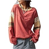 SOLY HUX Women's Boho Floral T Shirt Crew Neck Long Sleeve Patched Tee Casual Loose Fit Tops