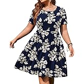 IN'VOLAND Plus Size Women's Summer Short Sleeve Crew Nneck Floral Short Party Vacation Dress with Pockets Blue Flower