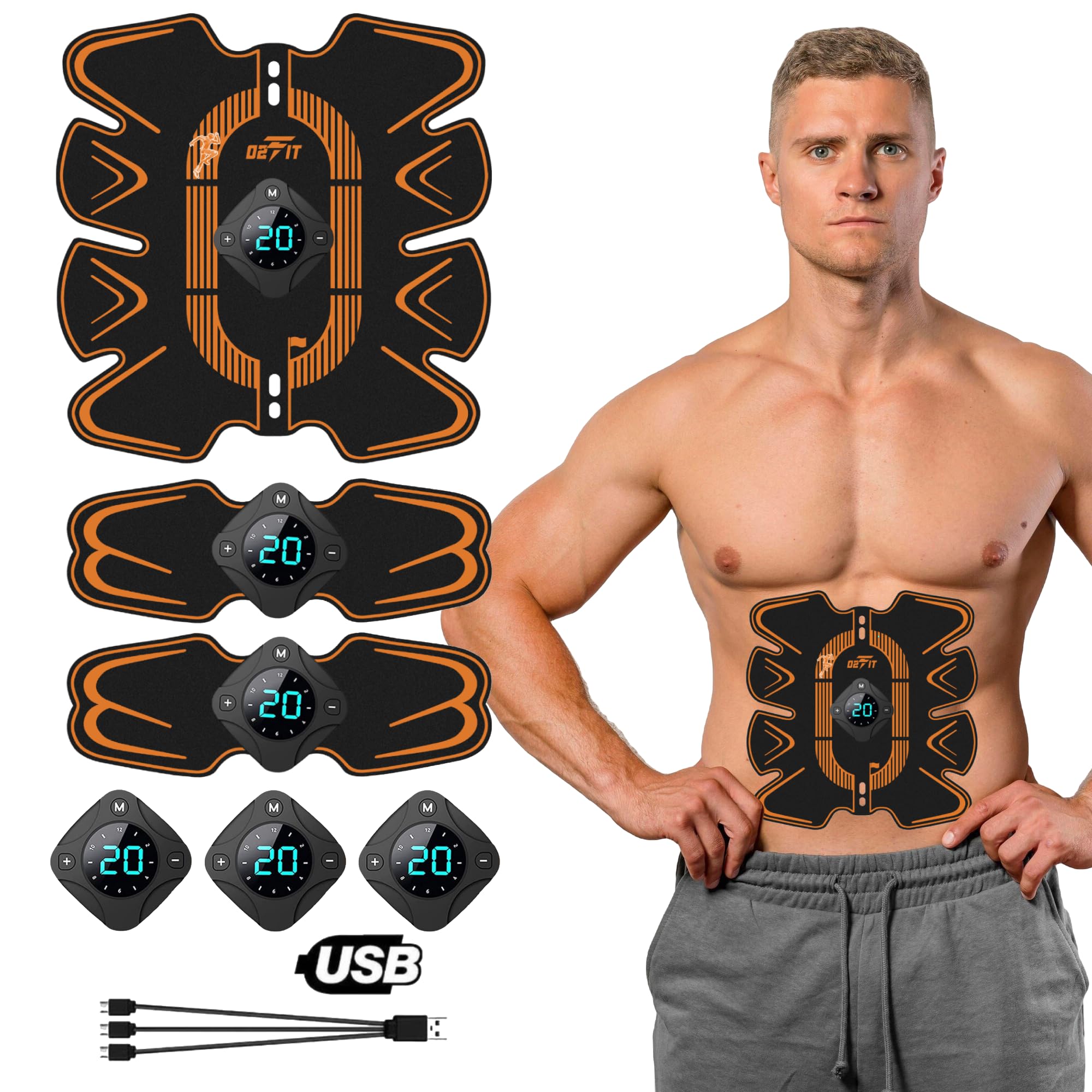 02FIT Abs Stimulator, Muscle Stimulator, Abdominal Muscle Trainer, Rechargeable 12 Modes EMS Training Device with LED Screen, Portable Muscle Toner for Abdomen Arm