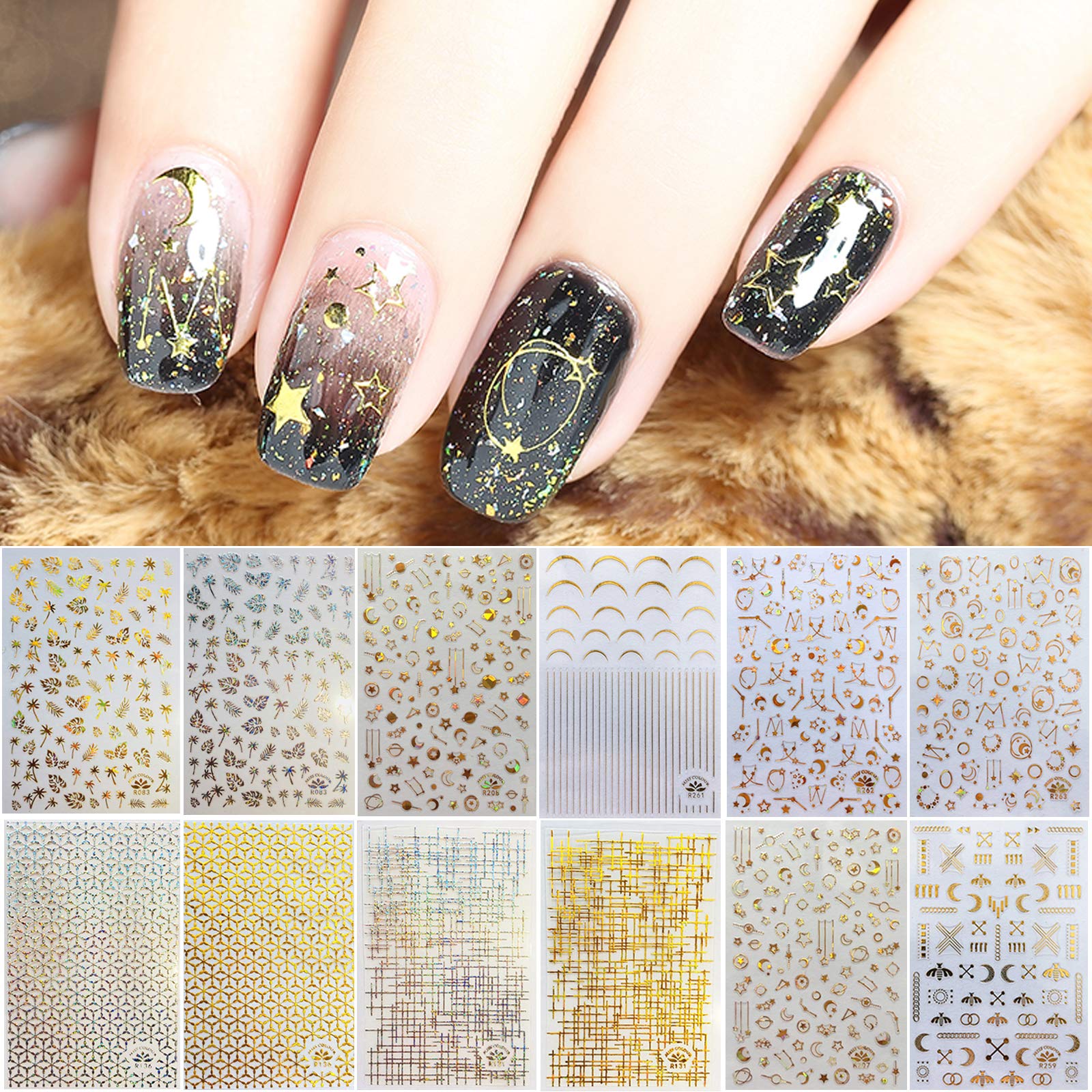 EBANKU 12 Sheets Gold Silver 3D Metallic Nail Stickers for Women, Noble Metallic Chains Line Wave Point Stars Nail Stickers Curve Stripe Lines Adhesive Striping Tape Nail Design Gift for Women
