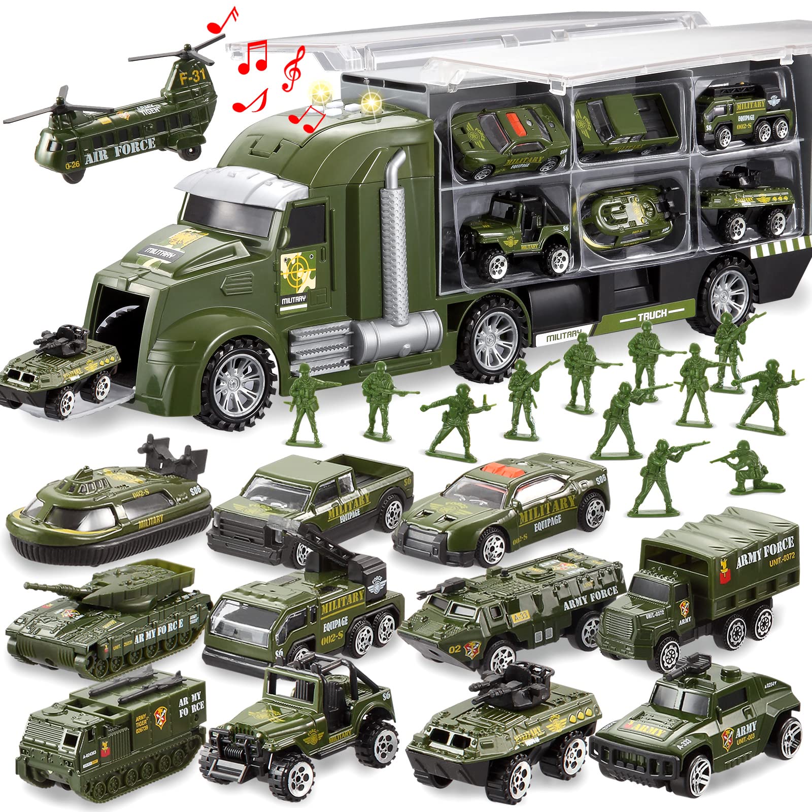 JOYIN 25 in 1 Green Military Big Truck Toys, Army Men Tanks Set with