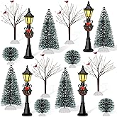 KVCSYAW 16 PCS Christmas Figurine Village Accessories, Mini Street Light Models with Brush Trees, Miniature Christmas Pathway Street Lamps Lantern Post for DIY Micro Landscape Fairy Garden
