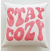 FAVDEC Embroidered Stay Cozy Decorative Pink Throw Pillow Cover, Stay Cozy 18 Inches x 18 Inches Cover Only