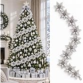 Wavwavw 72'' Christmas Poinsettia Garland, Silver Christmas Tree Decoration | Christmas Tree Ornaments Decor, Artificial Faux Poinsettia Flower, Mantel Staircase Garland, Holiday Decor, Indoor Outdoor