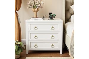 Huuger 23.6 Inch Night Stand with Charger Station and USB-C Port, 3 Drawer Nightstand, Larger Wider Bedside Table, Modern Side End Table, for Bedroom, White Nightstand