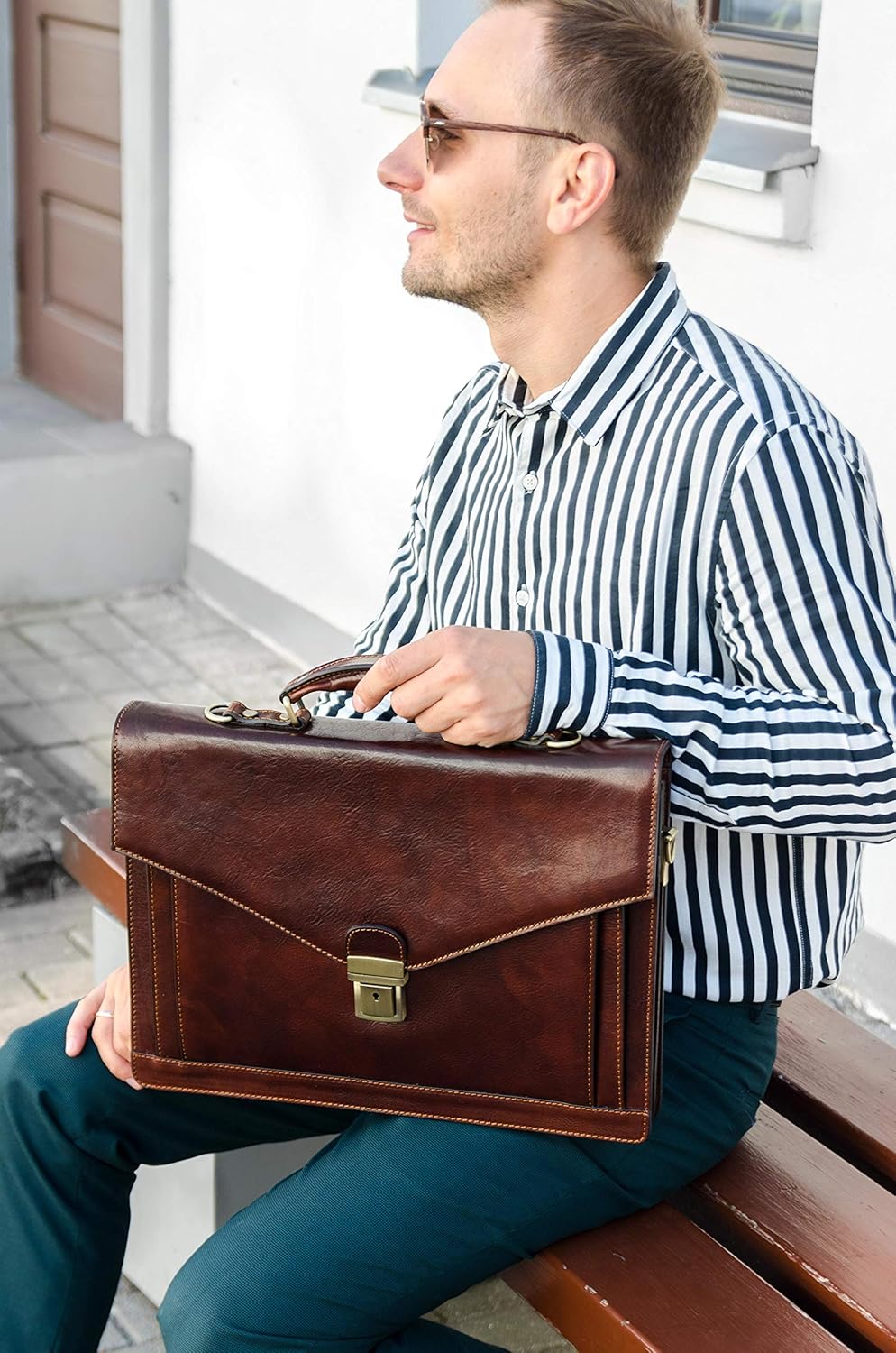Time Resistance Leather Briefcase - Full Grain Leather Bag for Men - Business Attache - Shoulder Bag for a Laptop (Brown) - Image 4