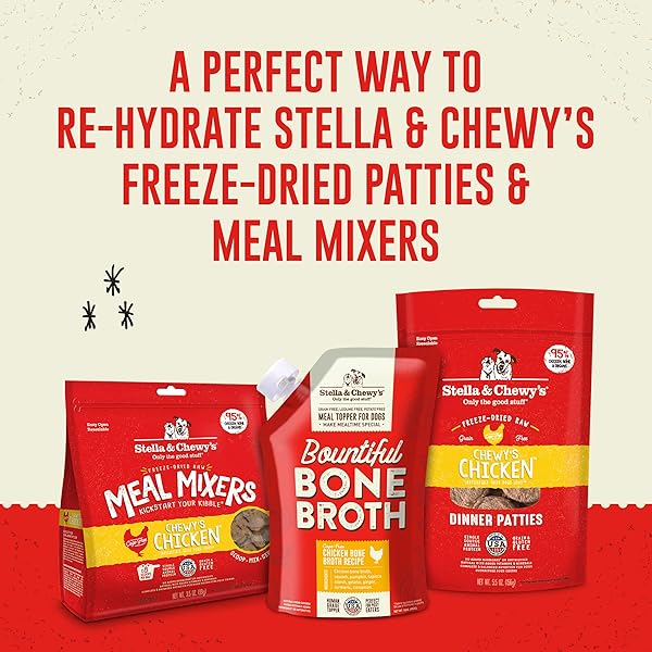 STELLA & CHEWY’S PREMIUM CAGE-FREE CHICKEN BONE BROTH FOR DOGS – JOINT & GUT HEALTH SUPPORT LIQUID FOOD TOPPER WITH COLLAGEN & TURMERIC, 16 FL OZ RESEALABLE POUCH