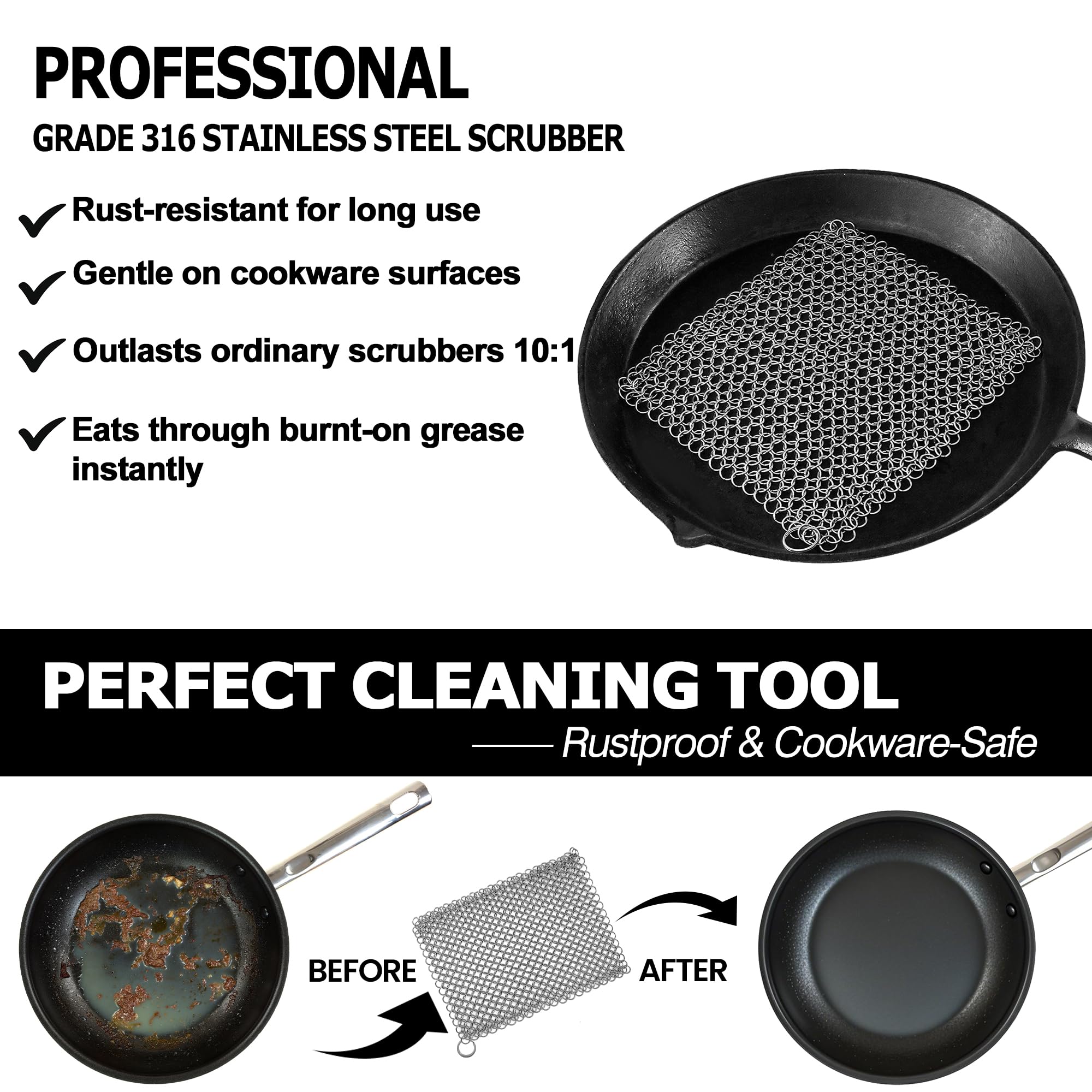 Cast Iron Scrubber 316 Stainless Steel Skillet Cleaner 8