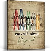 Voxitura Vintage Ski Skiing Wall Art Canvas, Retro Eat Ski Sleep Christmas Wall Decor for Skier Cabin Lodge, Rustic Winter Snowboard Paintings Pictures Prints Framed for Bedroom Bathroom 12x15in