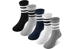 HONGTEYA Kids Socks For Girls Boys Youth Cotton Crew Athletic Seamless Retro Striped Socks School Uniform 4-10 Years 5 Packs