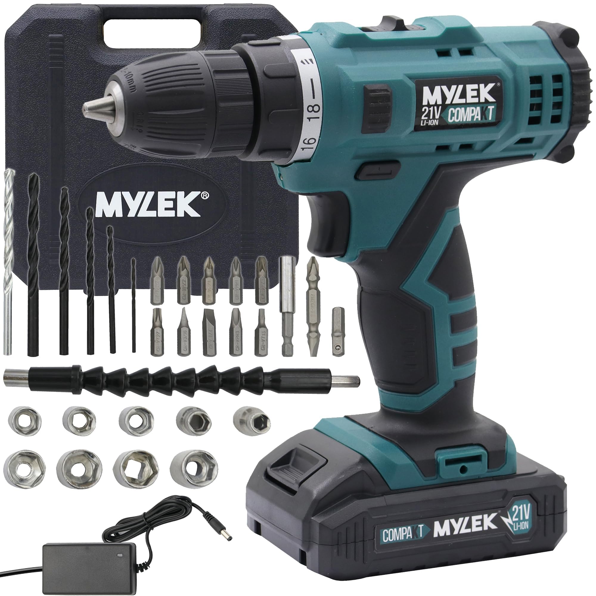 MYLEK MYBMC092 18V Cordless Drill Electric Driver Set, Lithium Ion Battery, 18 Volt Combi Screwdriver Pack, Black, 151 DIY Piece Accessory Kit and Carry Case (Blue 21V & 29 Piece Accessory Kit)