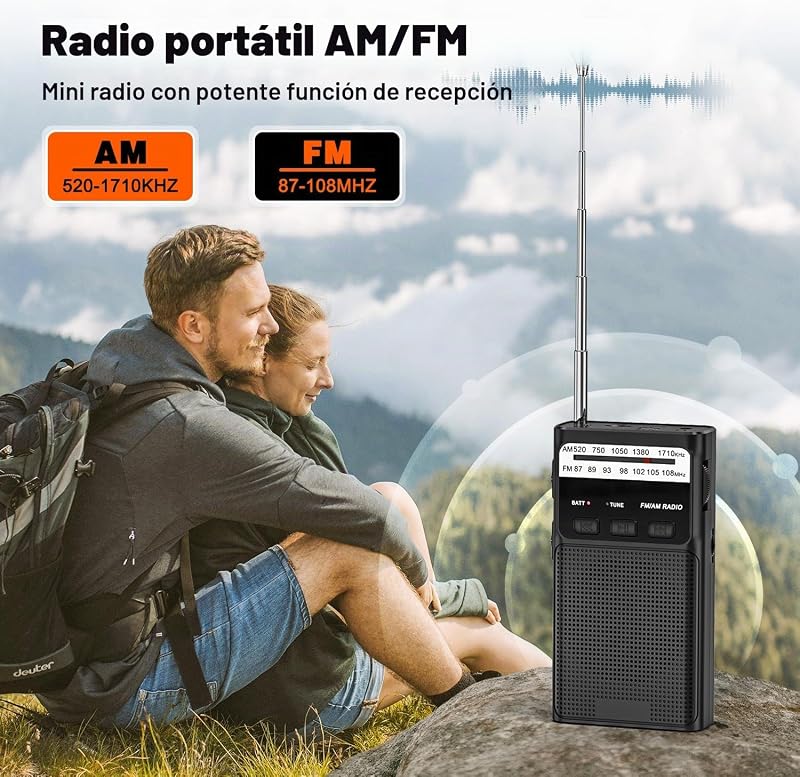 Rádio pequeno, rádios AM/FM, rádio de bolso com clipe traseiro, rádios portáteis com bateria recarregável incorporada, rádio com ranhura para cartão TF, entrada para auscultadores de 3,5 mm e função de luz (preto) — foto 2 de 7