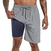 FT FENTENG Mens Swim Trunks with Compression Liner 9" Board Shorts 2 in 1 Quick Dry Bathing Suits with Zipper Pockets