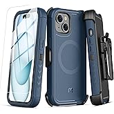 M MYBAT PRO Maverick Series iPhone 15 Case with Belt Clip Holster,[Compatible with Magsafe] w/Screen Protector,Anti-Drop,Shockproof,with 360°Rotating Kickstand,Heavy Duty Protection Blue