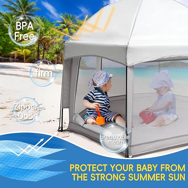 PALOPALO POP UP BABY PLAYPEN WITH UPF50+ CANOPY & MAT, INDOOR & OUTDOOR FOLDABLE PLAY PEN FOR BABIES AND TODDLERS, PORTABLE BABY BEACH TENT WITH TRAVEL BAG, POP UP PACK AND PLAY YARD, GREY