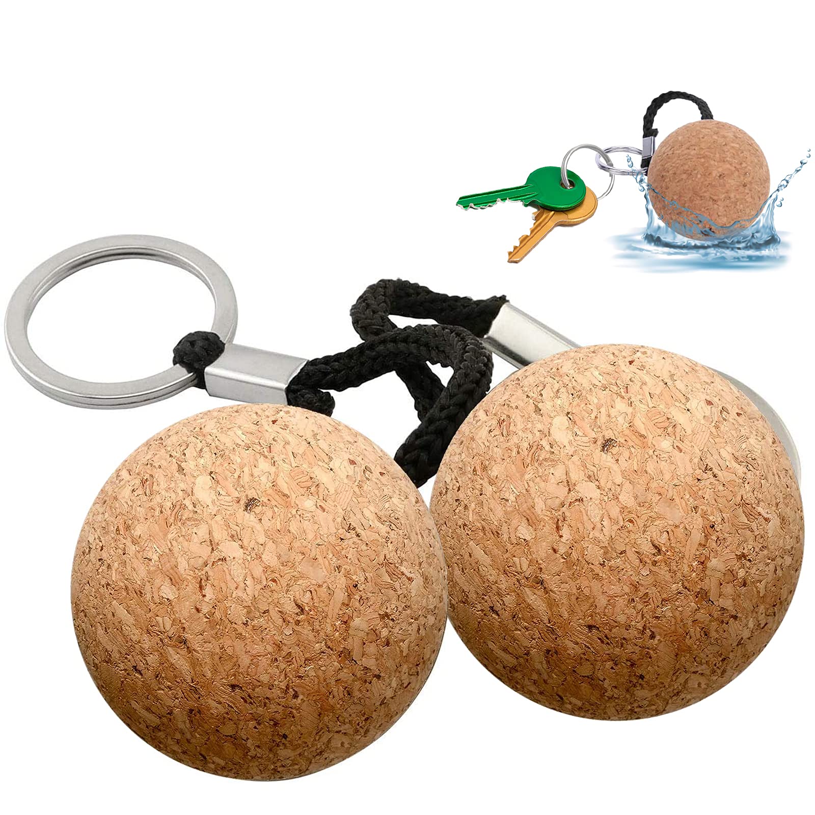 2 Pcs Floating Cork Keyrings, 53mm Floatable Wooden Ball Key Chain Water Buoyant Key Ring Lightweight Water Sports Accessories for Swimming Diving Fishing Canoeing Sailing Kayaking Marine Boat