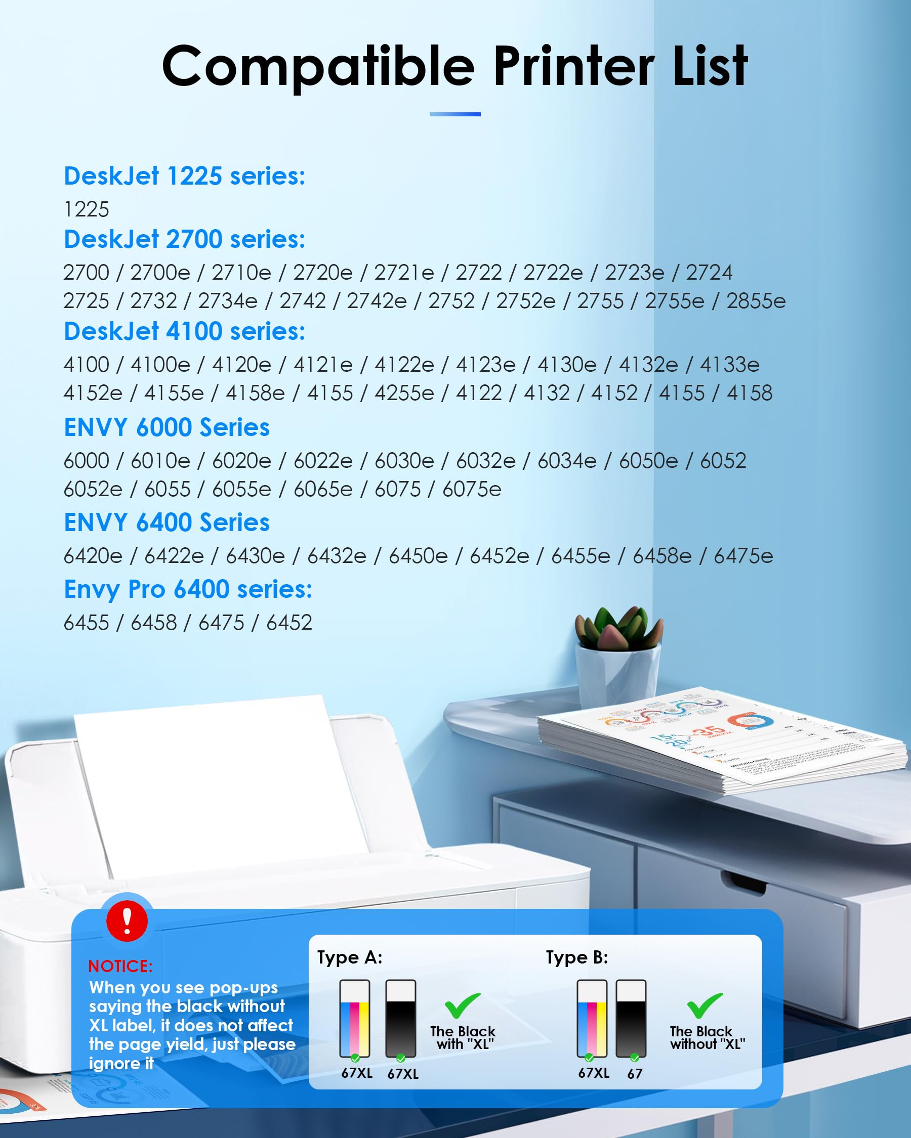67XL Ink Cartridge Black/Color Combo Pack Replacement for HP Ink 67 67XL Printer Ink Works for HP DeskJet 2827e 2755e 2700 2855e 2800 4155e 2755 2852e Envy 6055e 6000 6455e (2 Pack)