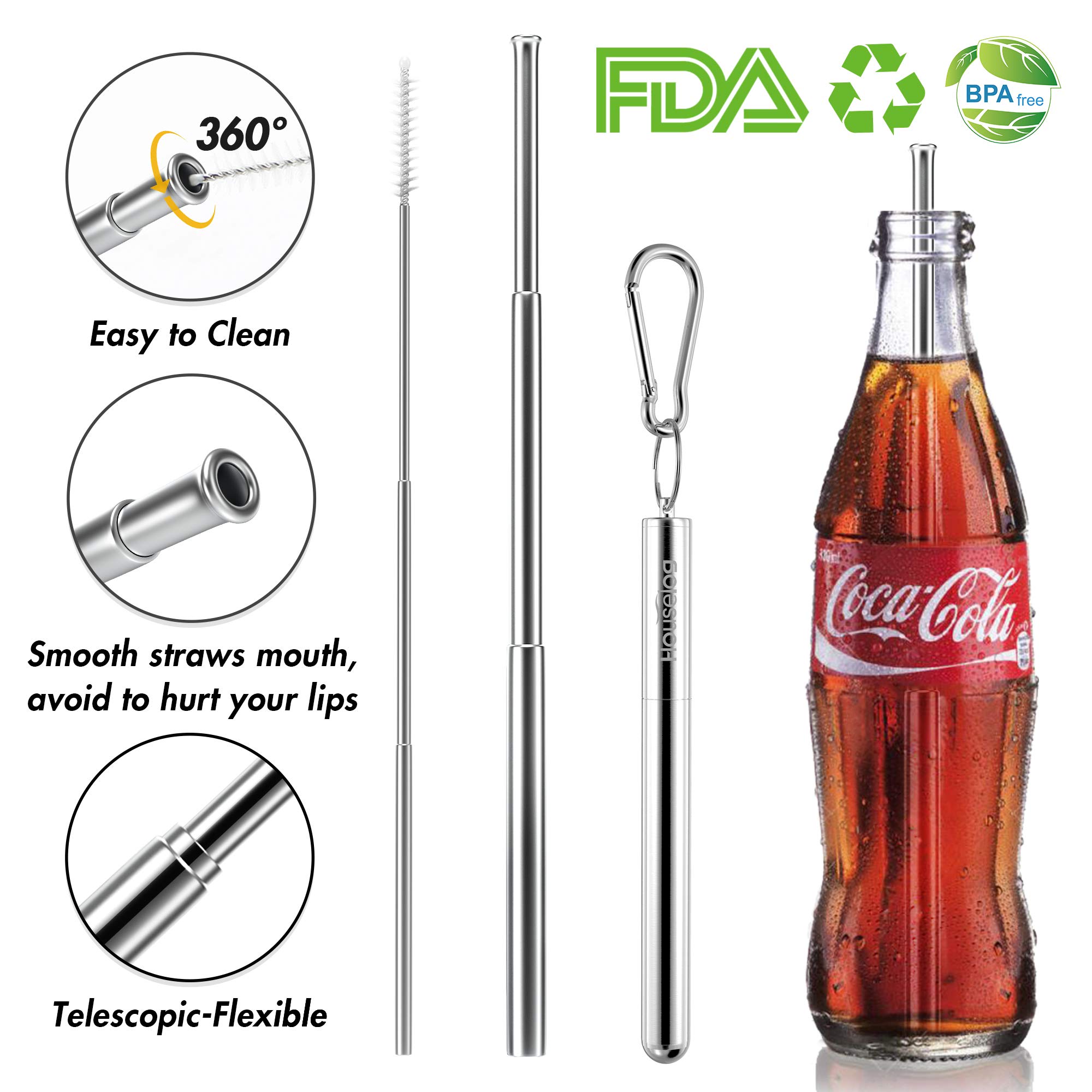 Reusable Straws - 2 Pack Telescopic Reusable Straws Stainless Steel Metal Drinking Straw (Black/Silver)
