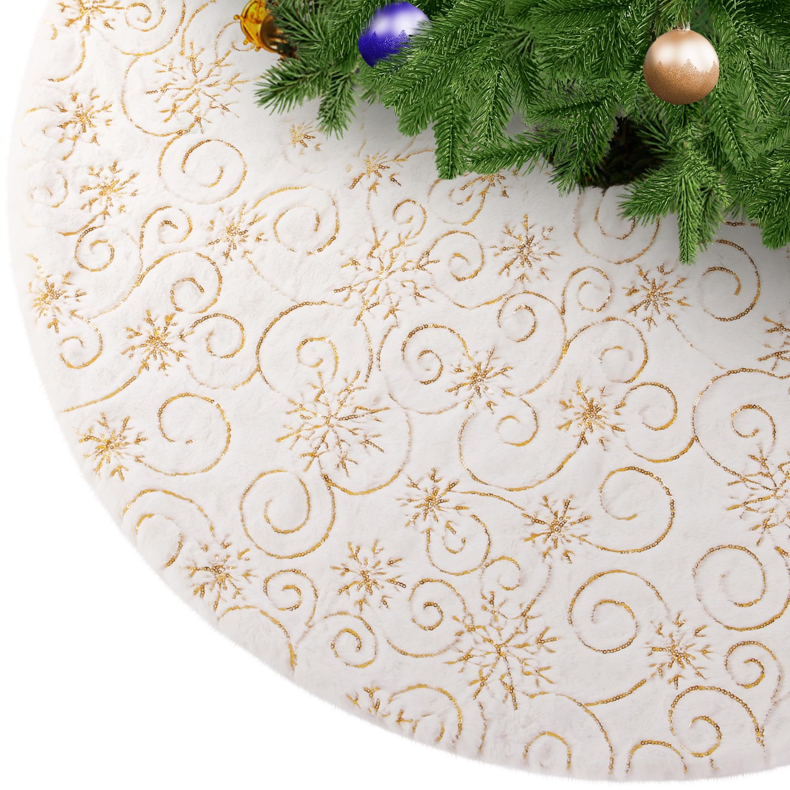 KONVINIT Christmas Tree Skirt Faux Fur Thick White Xmas Tree Skirt with Gold Sequin Snowflake Xmas Tree Mat Christmas Tree Mat Cover,white with gold sequins