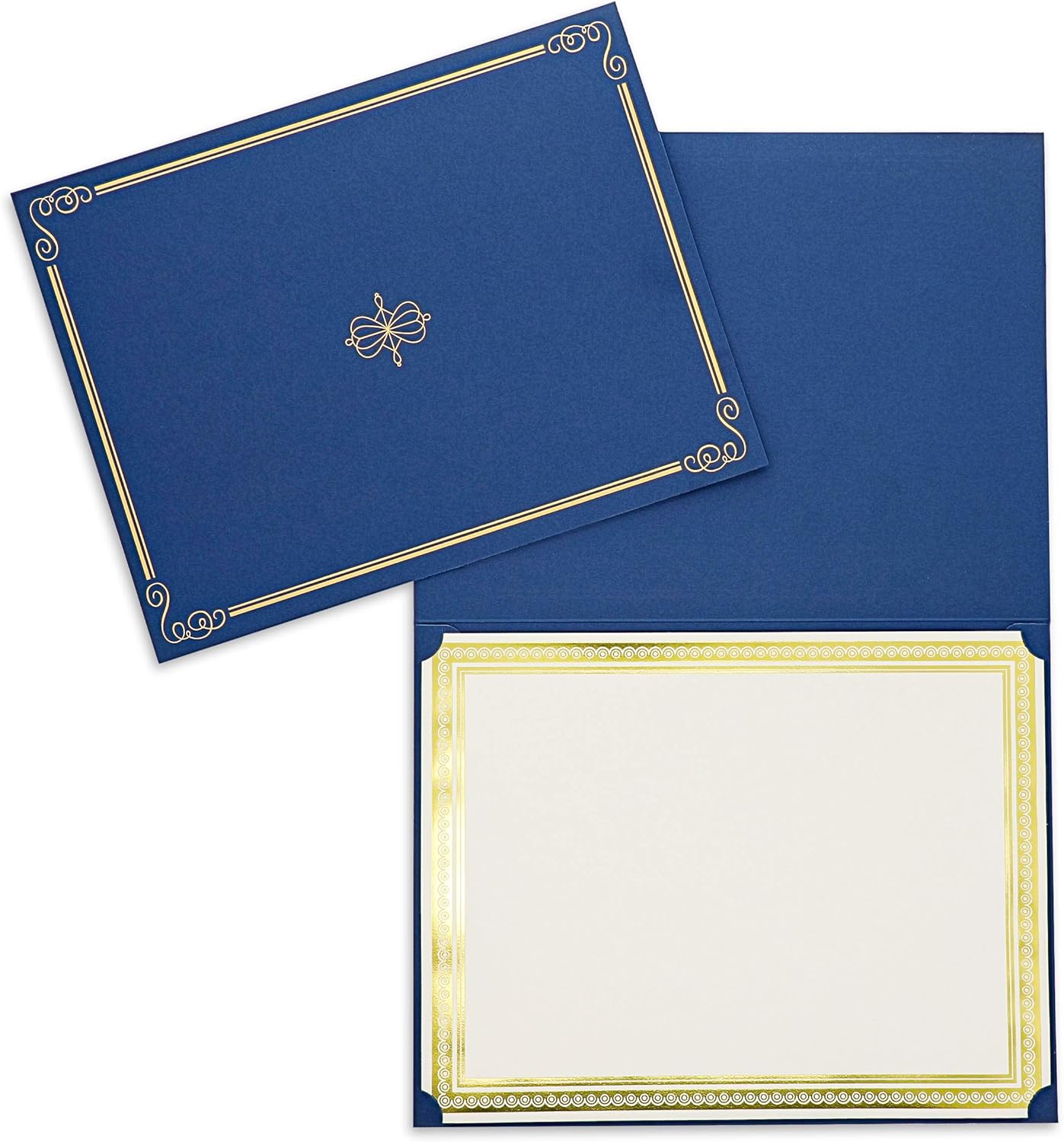 Pipilo Press 24-Pack Gold Foil Certificate Border Paper and Blue Holders Set (8.5 x 11 Inches) : Office Products