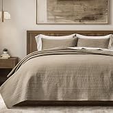 EVERGRACEHOME Cotton Sateen Channel Quilt Set, King Size, Stone Taupe | 100% Cotton, Pre-Washed Soft Coverlet Bedspread, 3-Piece Refined Channel Stitch Bedding Set for All Season, 2 Pillow Shams