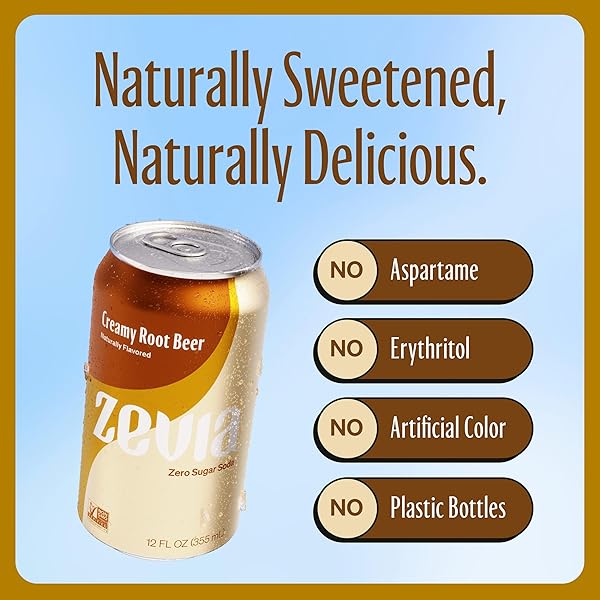 ZEVIA ZERO CALORIE SODA, CREAMY ROOT BEER, 12 OUNCE CAN