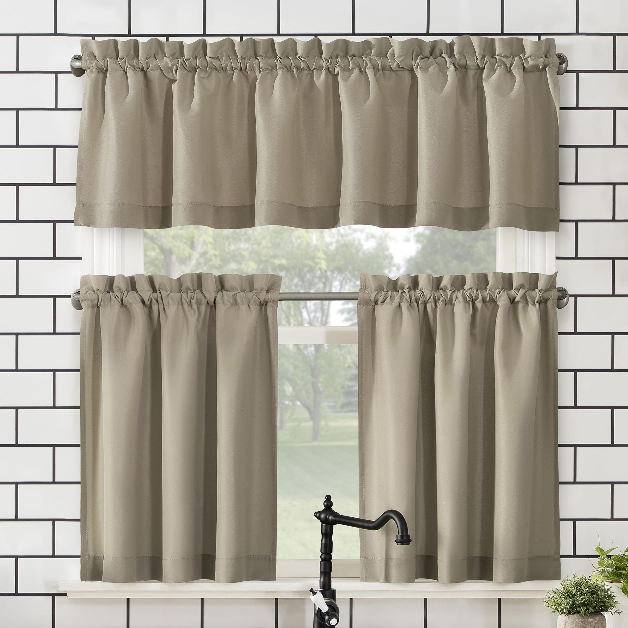 No. 918 Martine Microfiber Semi-Sheer Rod Pocket Kitchen Curtain Valance and Tiers Set, 54" x 45", Taupe