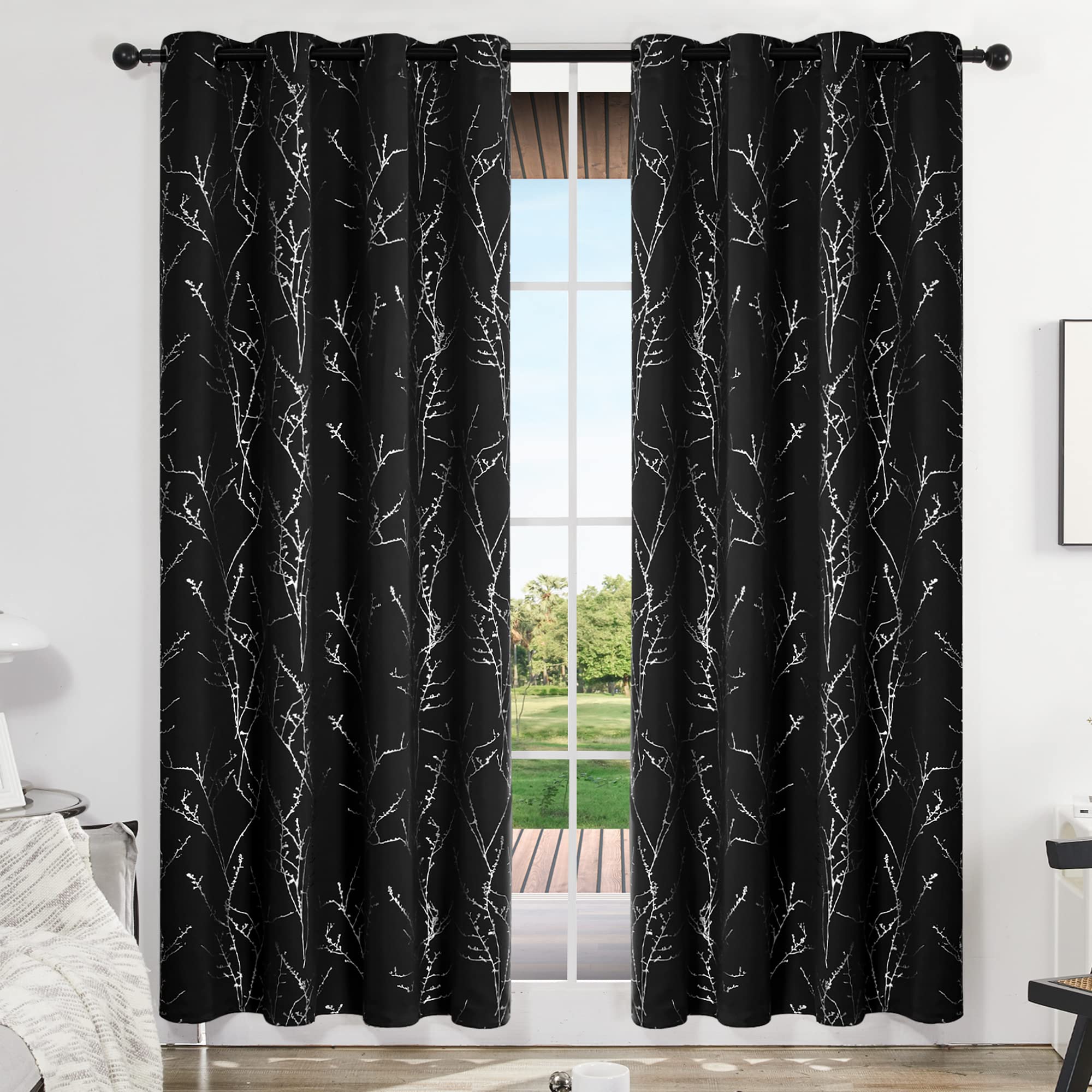 Deconovo Blackout Curtains Eyelet, Silver Tree Branches Printed Curtains for Living Room, Black, 46 x 90 Inch (Width x Length), 2 Panels
