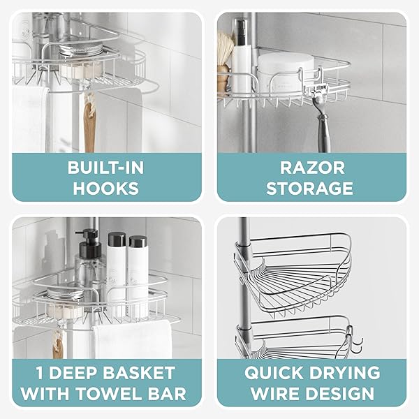 ZENNA HOME TENSION POLE SHOWER CADDY CORNER ORGANIZER, ADJUSTABLE STANDING SHOWER CADDY WITH 4 BASKETS AND BUILT IN TOWEL BAR, RUST RESISTANT BATHROOM TENSION ROD ORGANIZER, 60 TO 97 INCH, CHROME