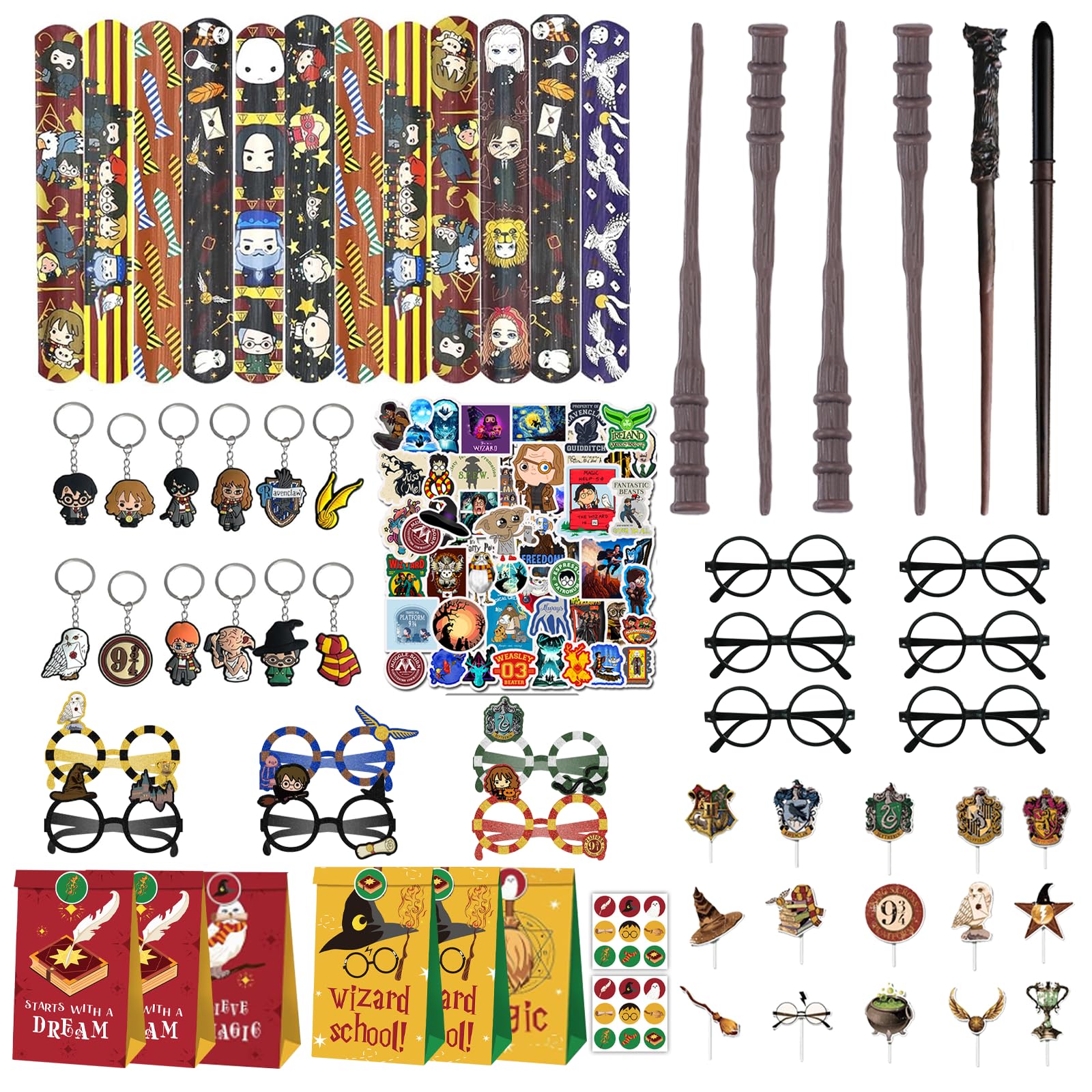137 Pcs Wizard Party Bags Fillers, Kids Themed Party Decorations, Gift Bags with Wands Glasses Stickers Keychains Slap Bands Cake Topper, Party Supplies Kids for Birthday Christmas Halloween Carnival