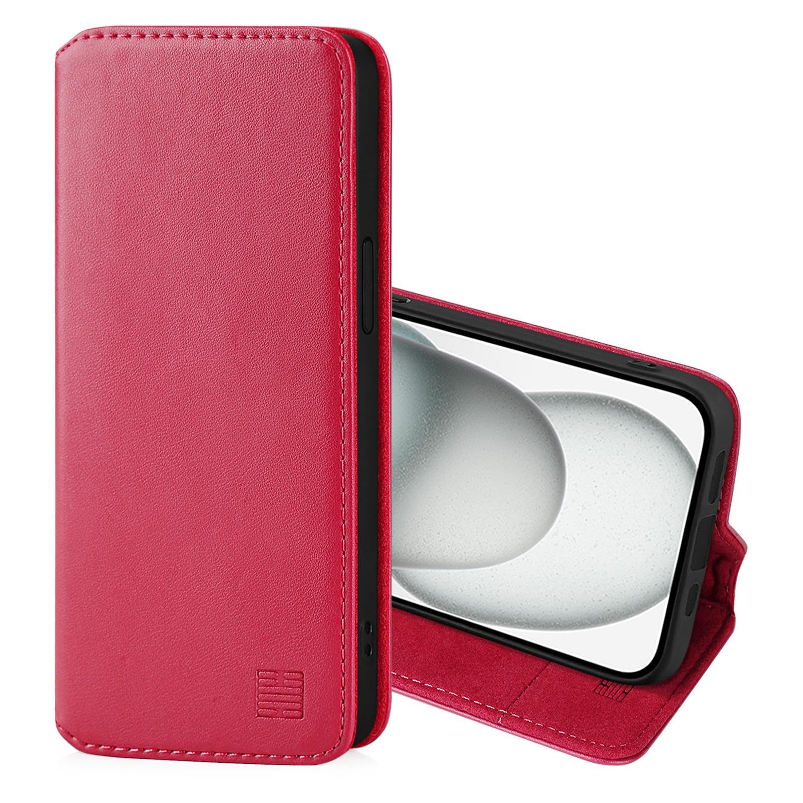 32nd Classic Series 2.0 - Real Leather Book Wallet Flip Case Cover For Apple iPhone 15 (6.1"), With RFID Blocking Card Slot, Magnetic Closure and Built In Stand - Rose Pink