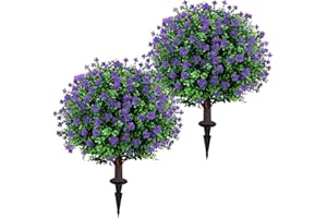 JASMPIG Artificial Purple Flower Topiary Ball Tree 25" with Ground Spike, Set of 2 Artificial Boxwood Bushes for Faux Shrubs, Fake Evergreen Faux Plant for Indoor Outdoor Garden -UV Resistant–Fade-Proof