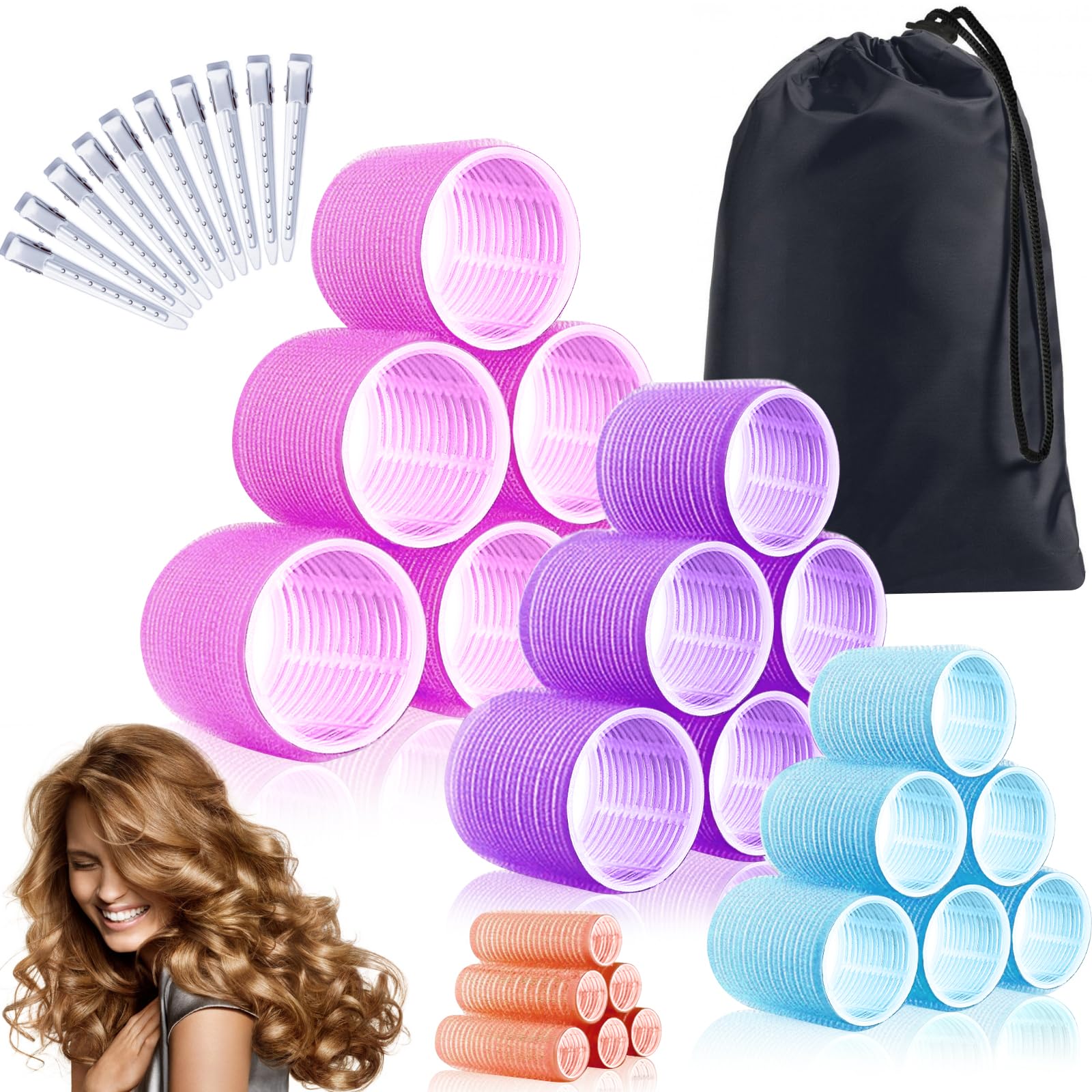 Photo 1 of 34Pcs Hair Roller Set with Clips, Self-Grip Hair Rollers for Volume, Salon Hairdressing Curlers and DIY Hairstyles, 4 Sizes Rollers Hair Curlers in a Storage Bag