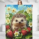 dhakalrlde Cute Hedgehog Blanket,Nature Decorative Throw with Wildlife and Strawberry Flower,Lightweight Flannel Blankets for Bedroom Picnic Office,Travel,Ideal Gifts for Kids,Animal Lovers 50"x60"