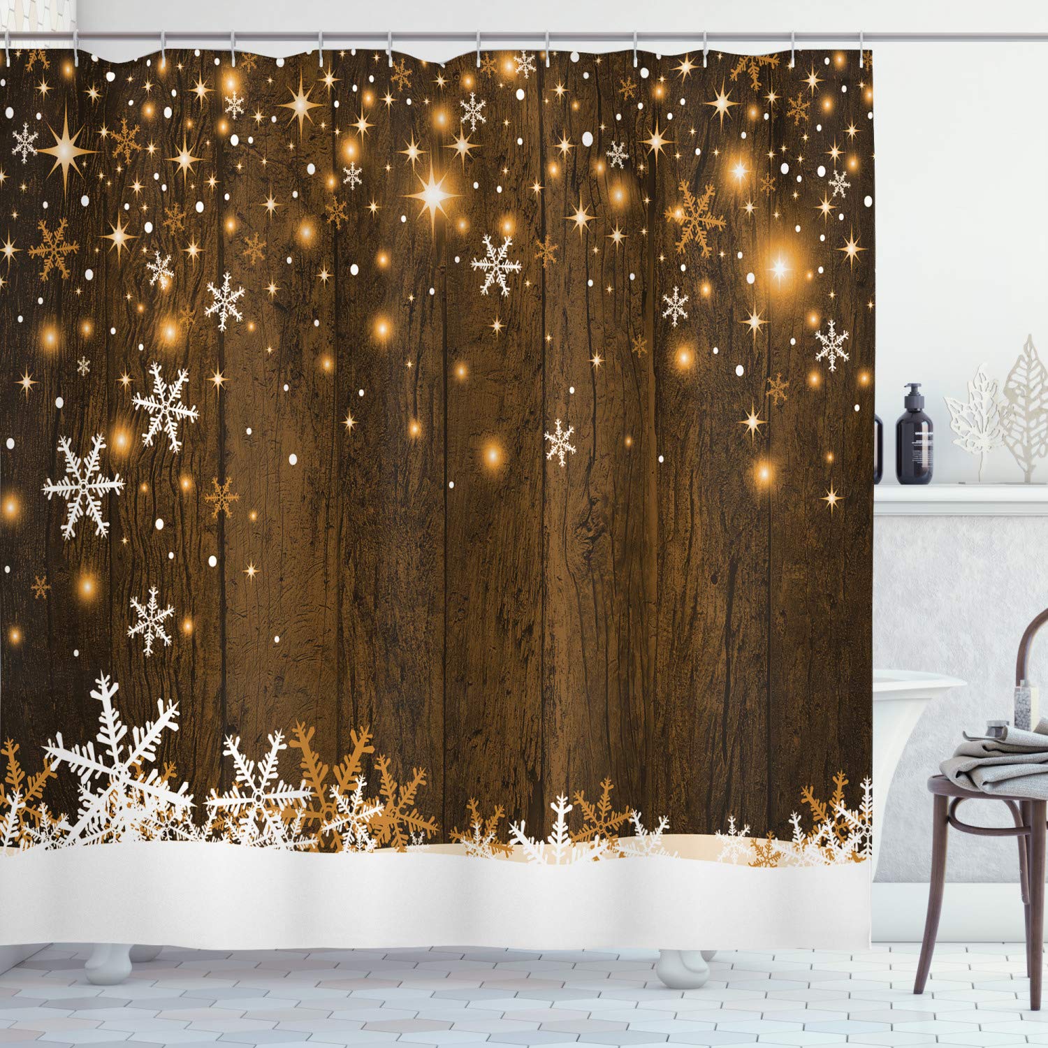 ABAKUHAUS Christmas Shower Curtain, Rustic Wooden Backdrop Snowflakes and Warm Traditional Celebration Print, Cloth Fabric Bathroom Decor Set with Hooks, 86 Inches Extra Long, Brown White
