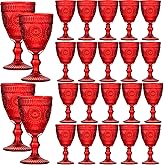24 Pcs Red Vintage Wine Glasses Set, 10 Ounces Colored Glass Water Goblets, Unique Floral Embossed Pattern High Clear Stemmed Glassware Wedding Party Bar Drinking Cups Fancy Glasses Hand Wash Only