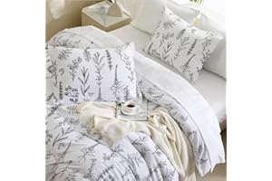 MUXHOMO Duvet Cover Full Size, Reversible Floral White Duvet Cover Set with Zipper Closure, 3 Pieces Botanical Patterns Soft Microfiber Bedding Set with 4 Ties