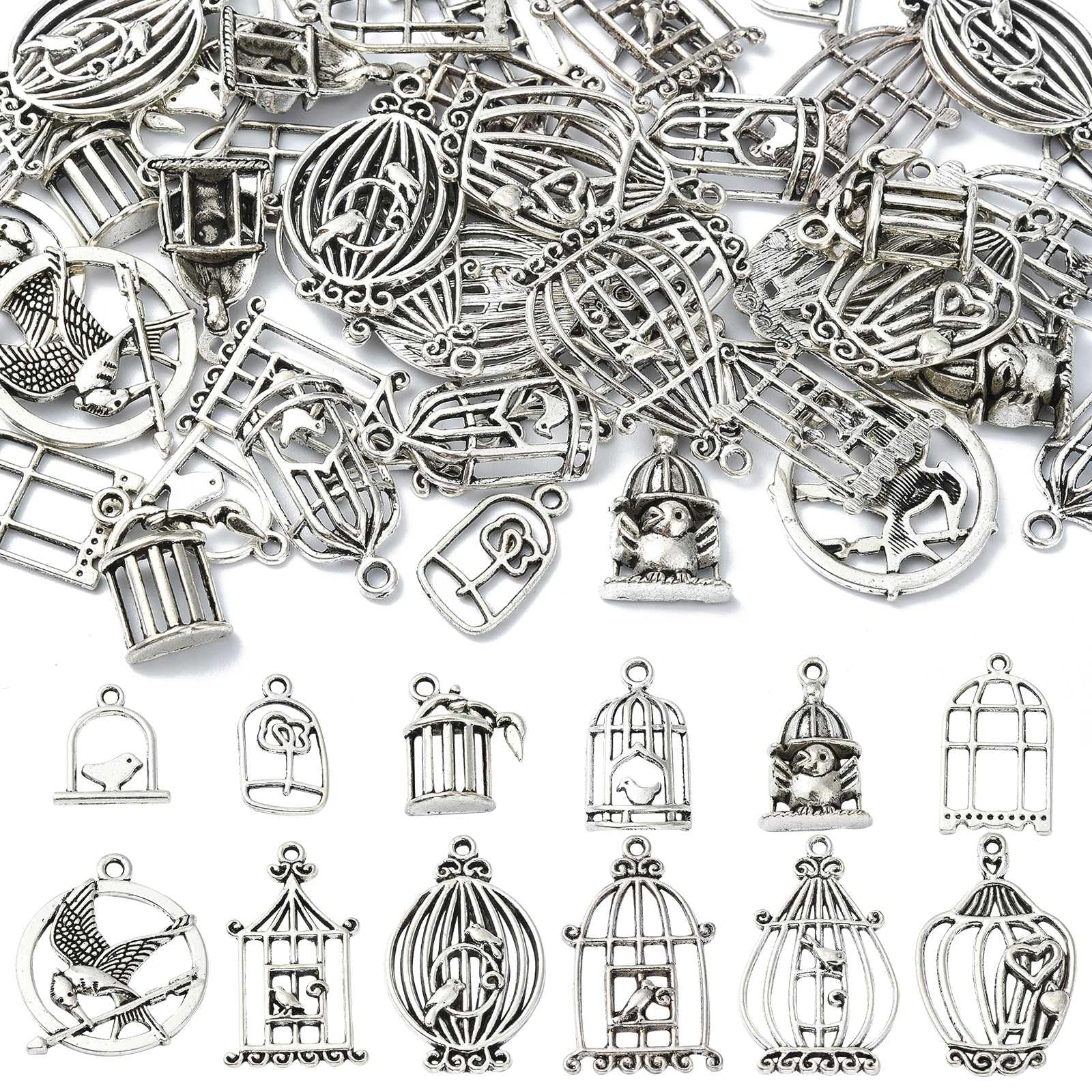UR URLIFEHALL 60 Pcs 12 Styles Tibetan Style Bird Cage Charms Antique Silver Spring Bird House Charms for DIY Lucky Jewellery Crafts