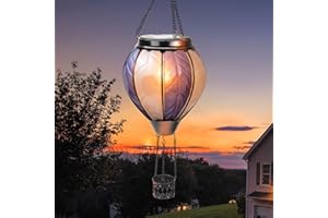 pearlstar Hot Air Balloon Solar Lantern with Flickering Flame Light, Outdoor Solar Hanging Lights Waterproof for Garden Yard Farmhouse Decoration,Stained Glass Blue and White