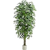 TNGGNT Artificial Ficus Tree:6FT Faux Silk Floor Plant Realistic Tall Fake Ficus Large Potted with Braided Trunk Lush & Green Leaves Pot for Home Office Room Decor Indoor & Outdoor (6FT,1-Pack,White)