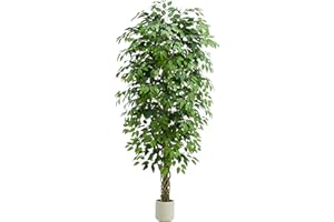 TNGGNT Artificial Ficus Tree：6FT Faux Silk Floor Plant Realistic Tall Fake Ficus Large Potted with Braided Trunk Lush & Green