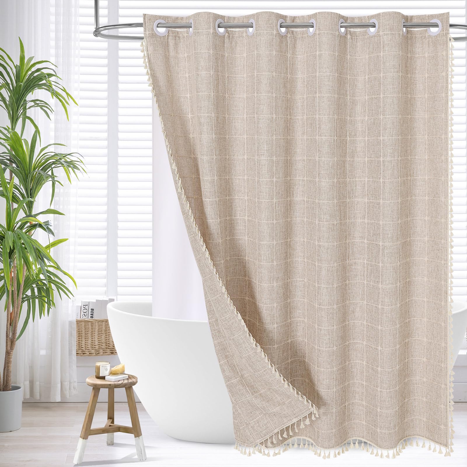 Photo 1 of MitoVilla No Hooks Needed Boho Farmhouse Shower Curtain with Snap-in Liner, Cotton Linen Fabric Shower Curtains with Tassels for Rustic Neutral Bathroom Decor, Tan/Taupe, 72 x 74
