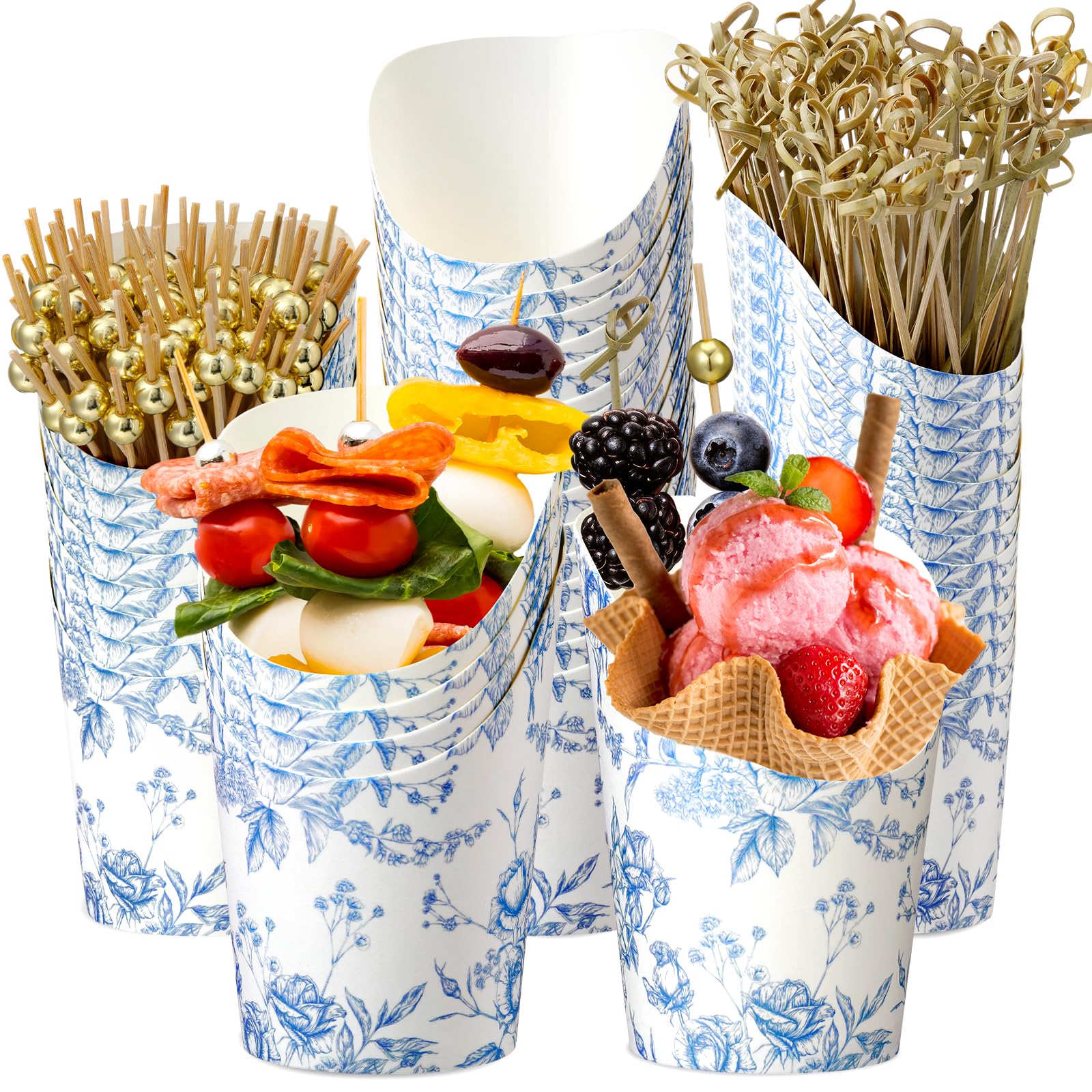 Photo 1 of Tioncy 250 Pcs Charcuterie Cups with Cocktail Picks Sets, Bridal Shower Decoration 50 Charcuterie Cups with 200 Sticks for Wedding Baby Shower Floral Boho Witch Party Decorations(Blue,Flower)