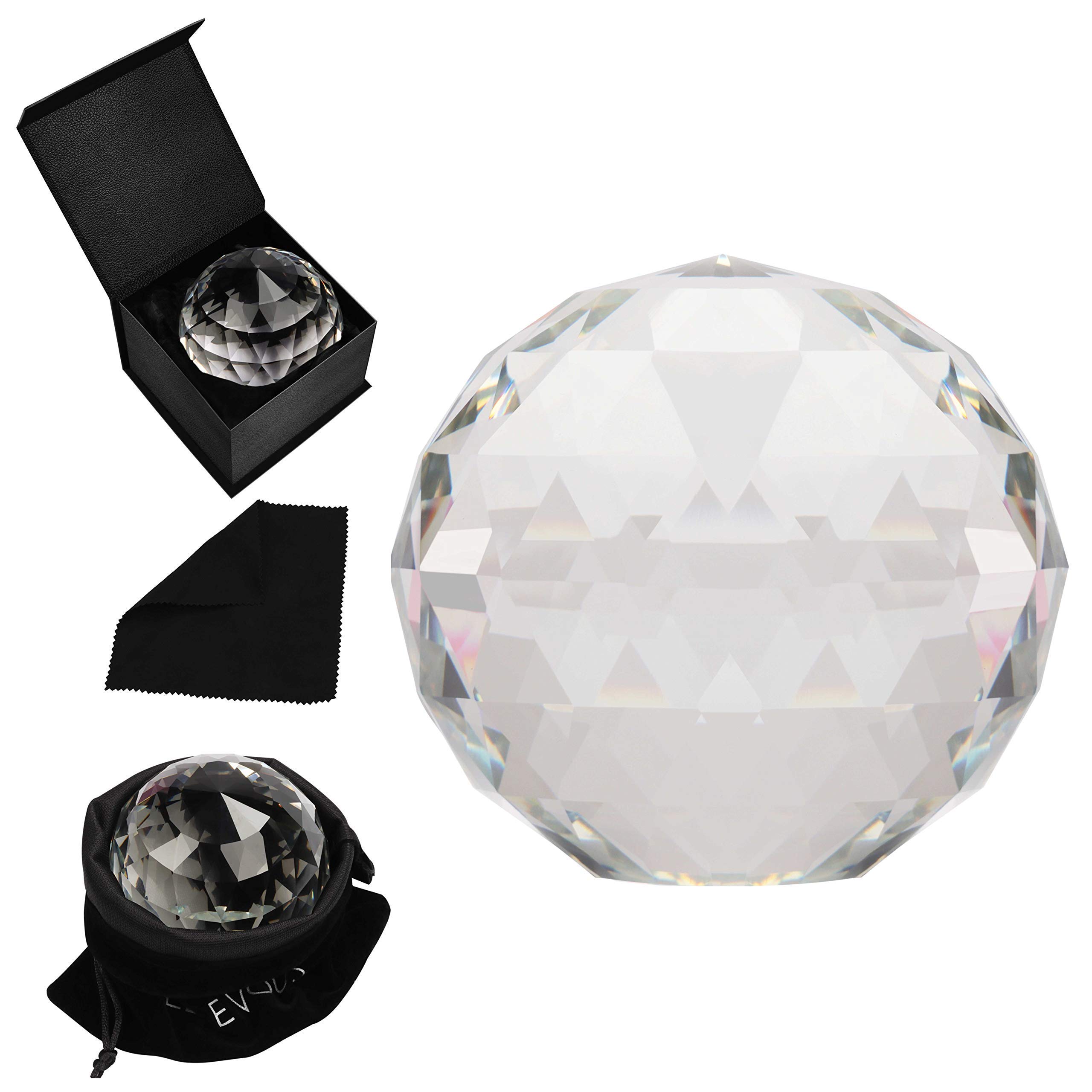 BELLE VOUS K9 Faceted Crystal Ball - 8cm/3.14 inches Photography Suncatcher with Velvet Pouch, Microfiber Cloth & Gift Box - Clear Glass Lens Sphere Ball Globe for Meditation & Healing