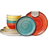ONEMORE Plates and Bowls Set 12 Pcs,Stoneware Dinnerware Sets for 4 Microwavable,Oven & Dishwasher Safe Porcelain,Scratch Resistant Dishes Set