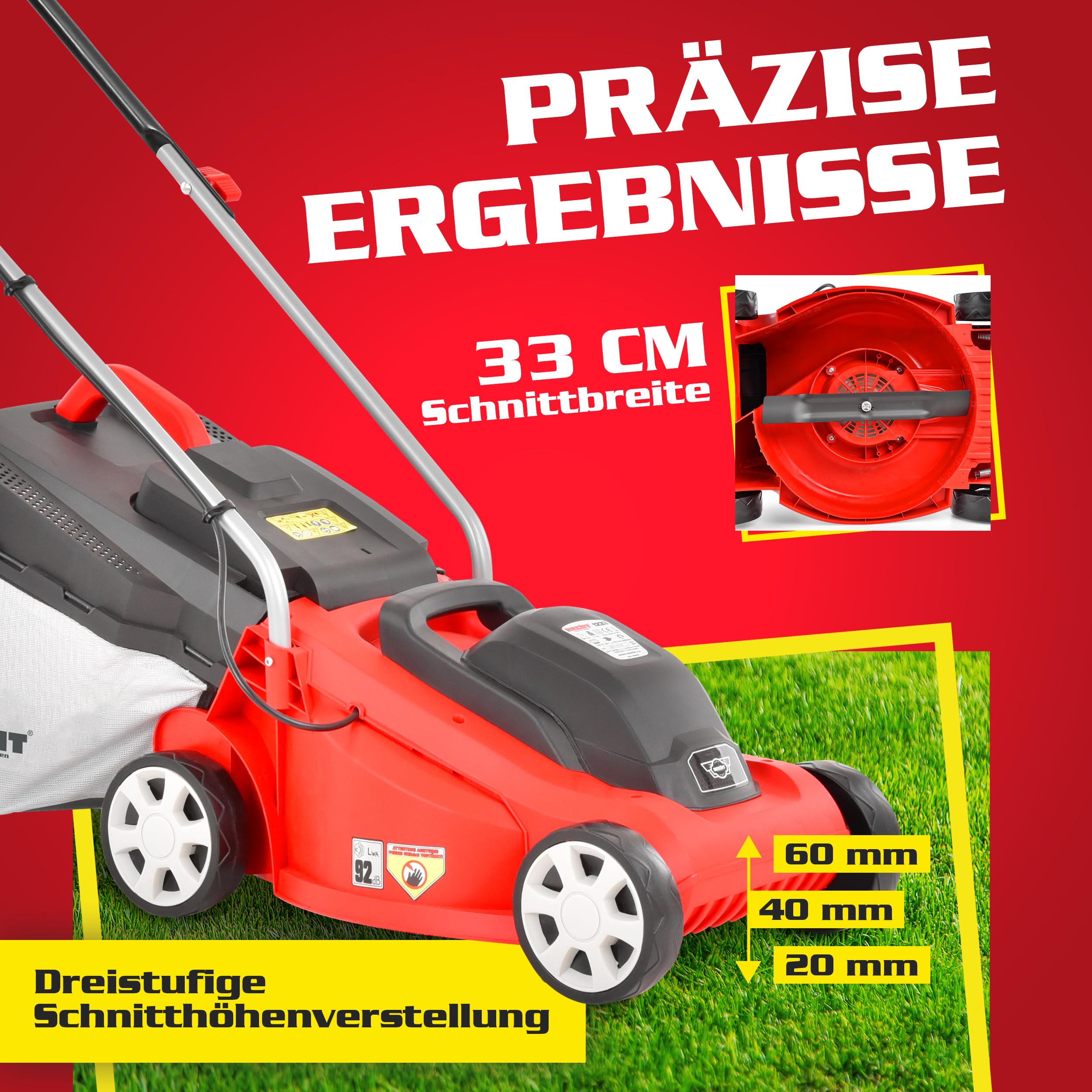 HECHT 2-IN-1 Elektro Rasenmäher mit 1300 Watt Motor – 33 cm Schnittbreite – Radschnitthöheneinstellung 20-60 mm – 30 Liter Fangkorb für einen schön gepflegten Rasen – Electric Lawnmower 5