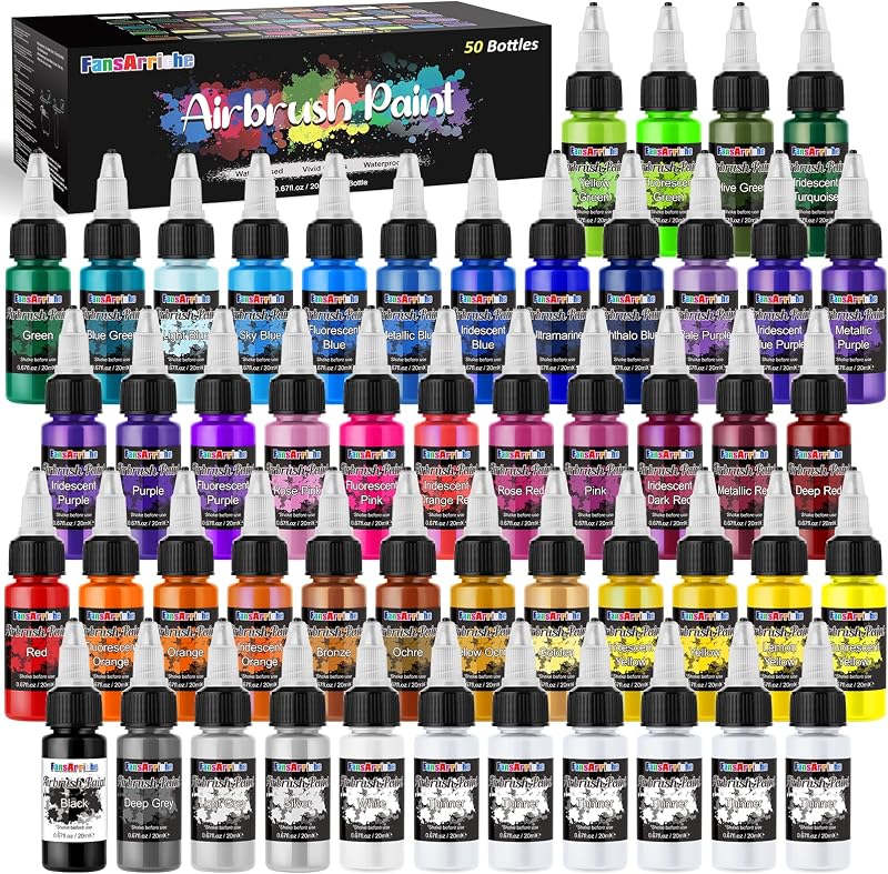 FansArriche Airbrush Paint Set 44 Colors 6 Thinners Water-Based Neon Opaque