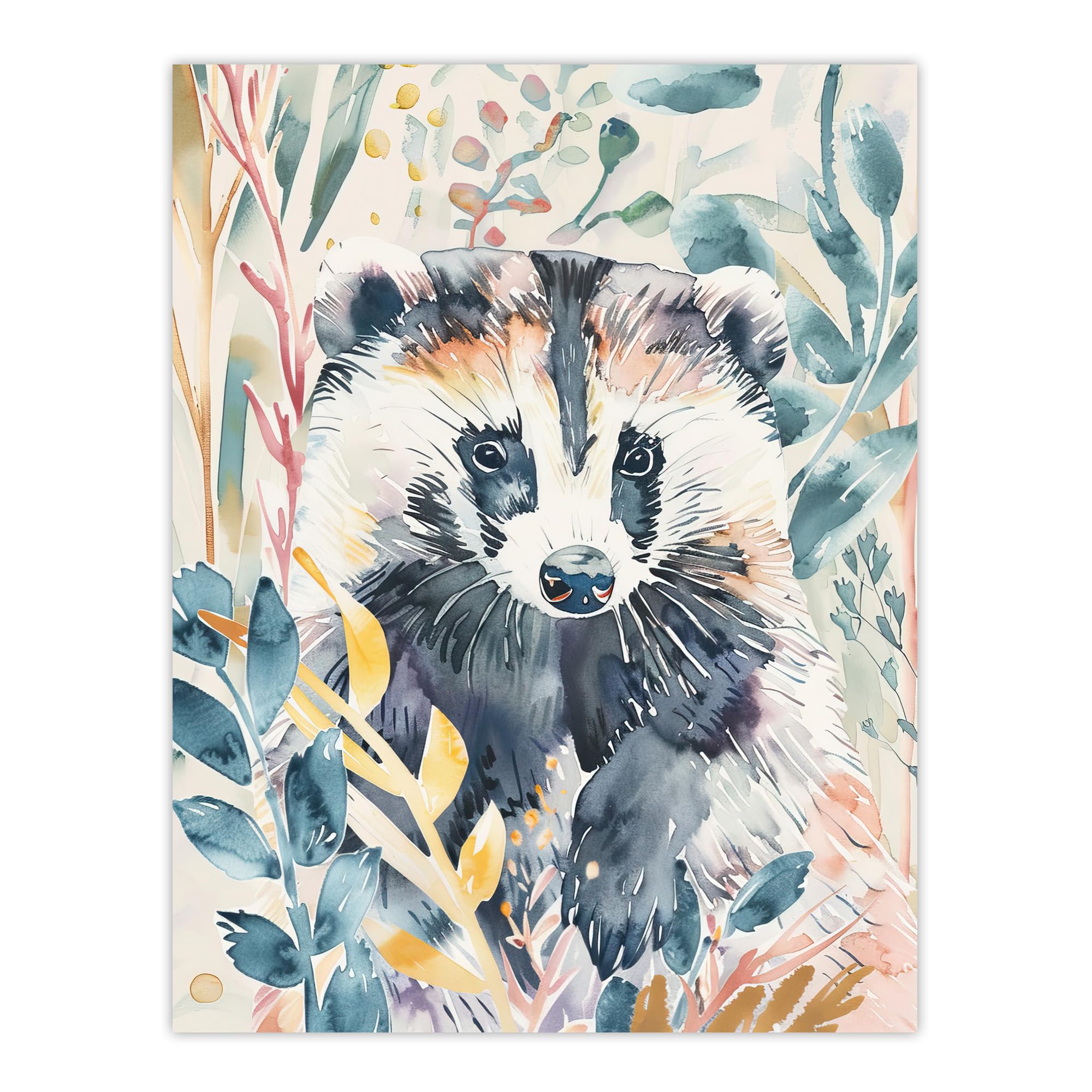 Artery8 Cute Badger Botanical Watercolour Soft Woodland Living Room Extra Large XL Wall Art Poster Print
