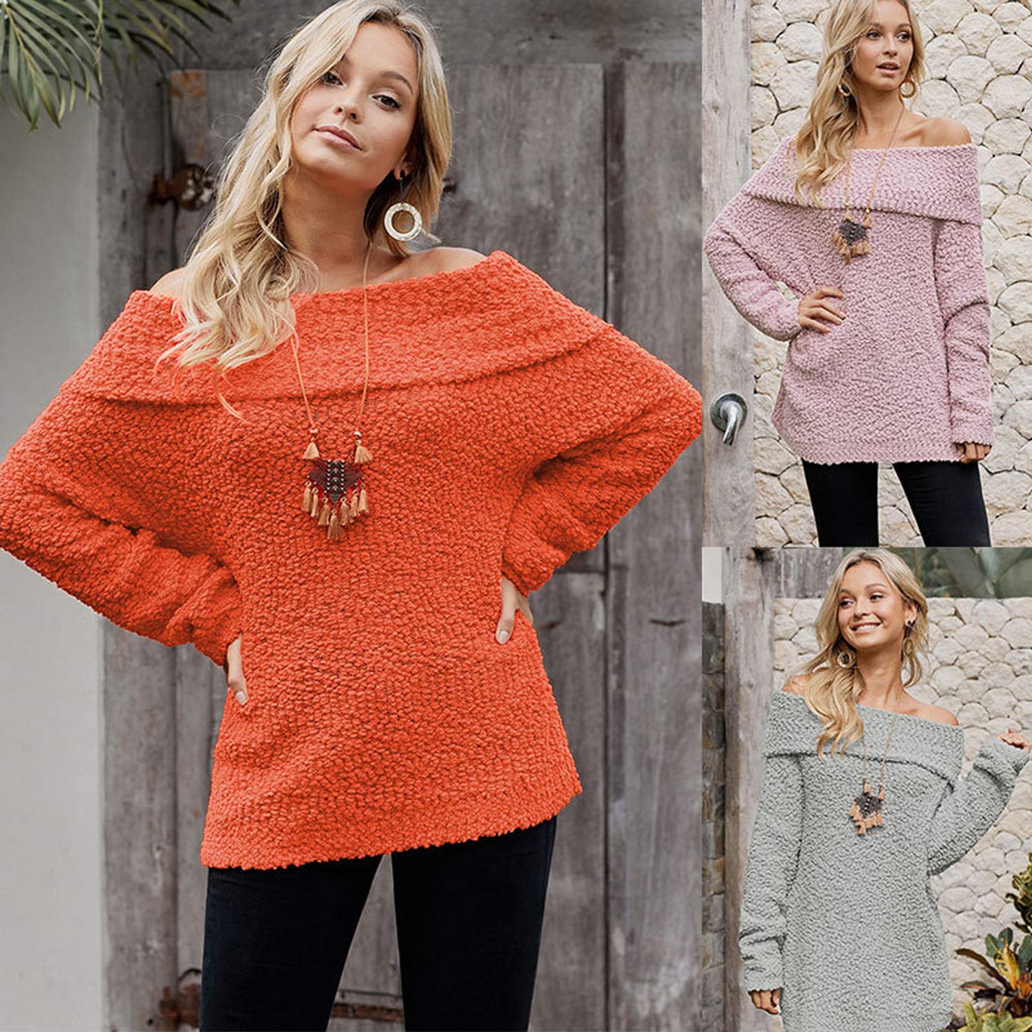 Women\'s Off Shoulder Sweater Bat Long Sleeve Solid Color Loose Oversized Pullover Knit Jumper Top Pink